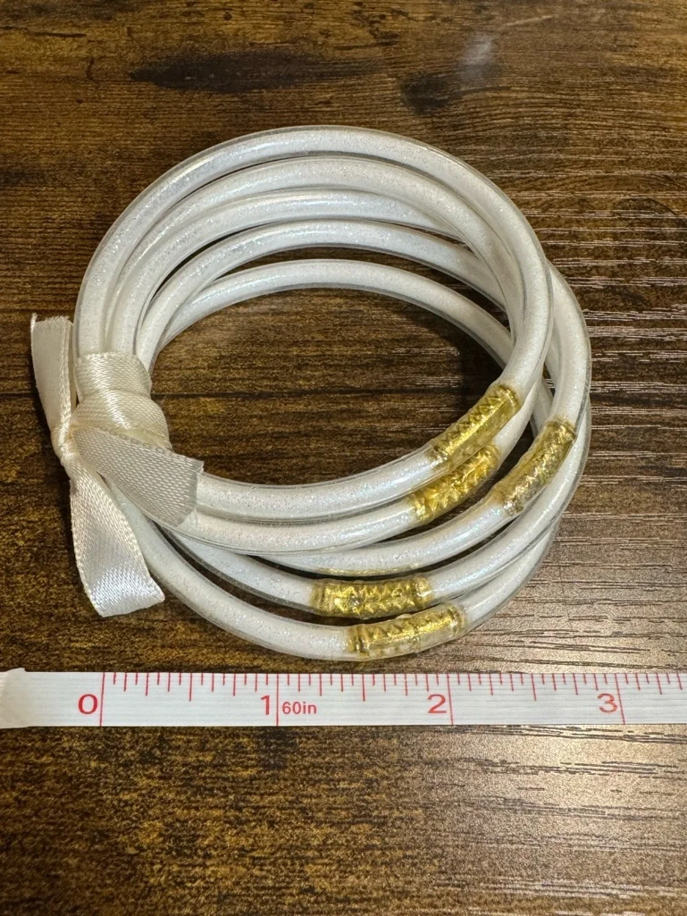 *Pearl White and Gold Wrapped Silicone Bangle Bracelet Set Bride to Be - Picture 3 of 3